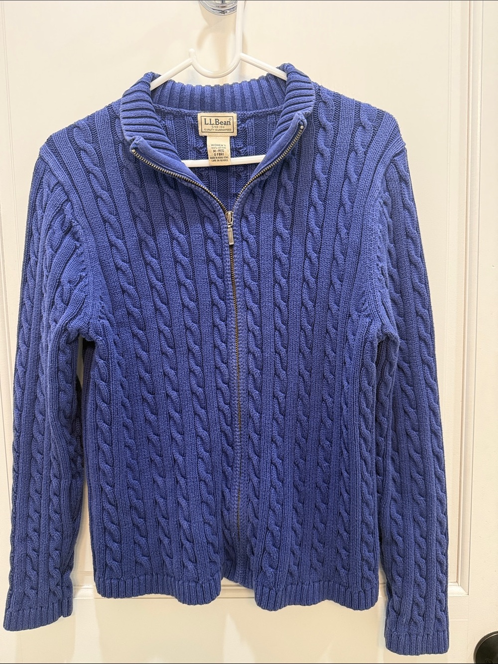 L.L. Bean 100% cotton Royal Blue Cable-Knit Full-Zip Sweater